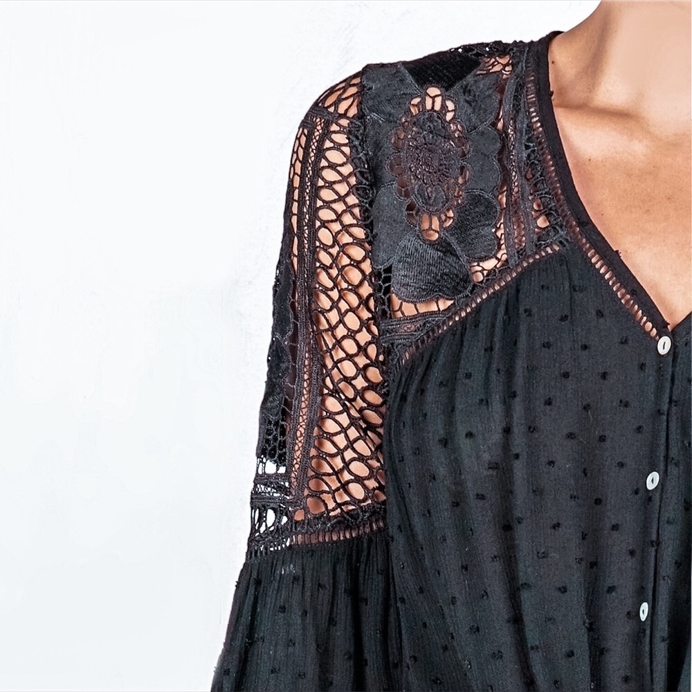 Black Swiss Dot Button Tie Front Bell-Sleeve Top - Picture 4 of 6